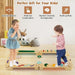 Kids playing on wooden Montessori balance beam set with numbered stepping stones indoors
