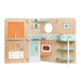 Wooden foldable playhouse with kitchen, oven, fridge, shelves, and retro patterns.