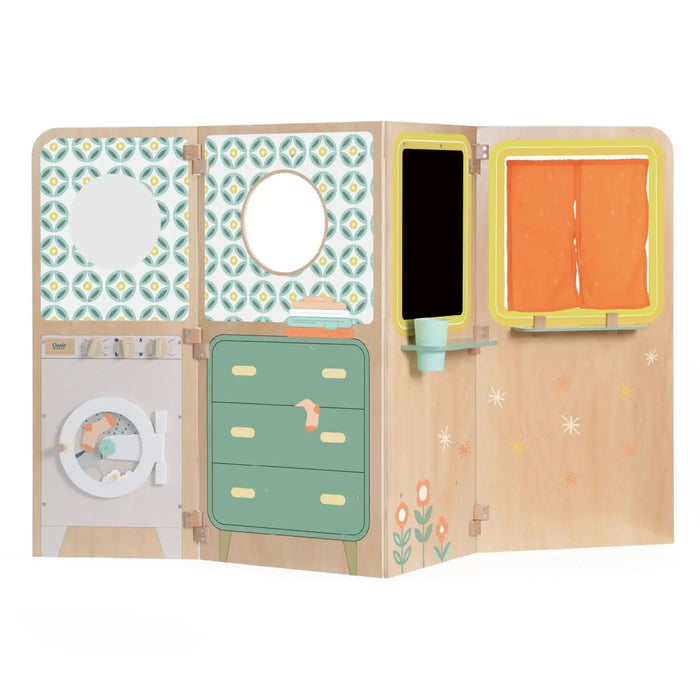 Wooden foldable playhouse with kitchen, drawers, orange curtains, and retro patterns