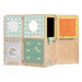 Wooden foldable playhouse with kitchen, drawers, orange curtains, and retro patterns