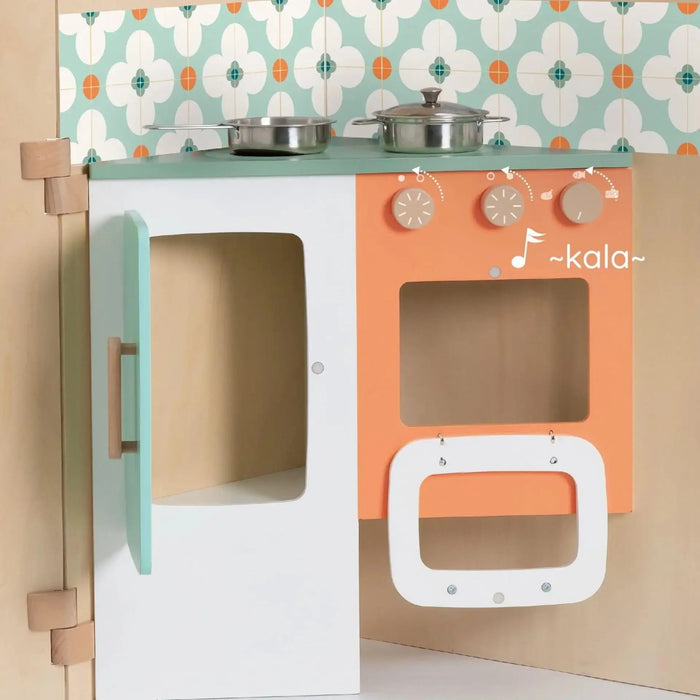 Wooden foldable playhouse kitchen with pastel oven, stove, utensils and retro tile backsplash