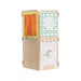 Wooden foldable playhouse with orange curtains and play kitchen details