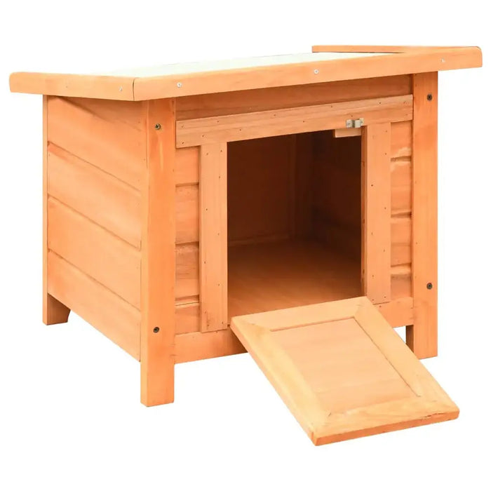 Wooden outdoor cat house in brown with ramp, weather-resistant pet shelter