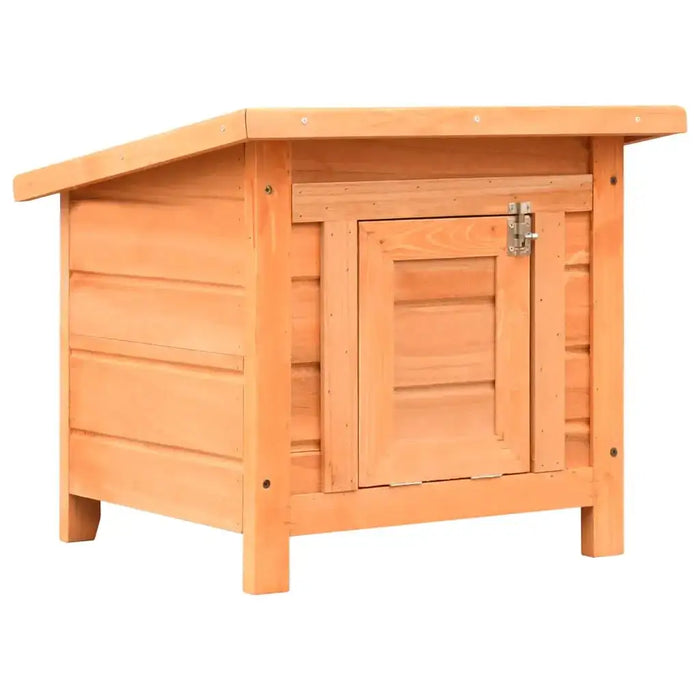Brown wooden outdoor cat house with slanted roof and latch door