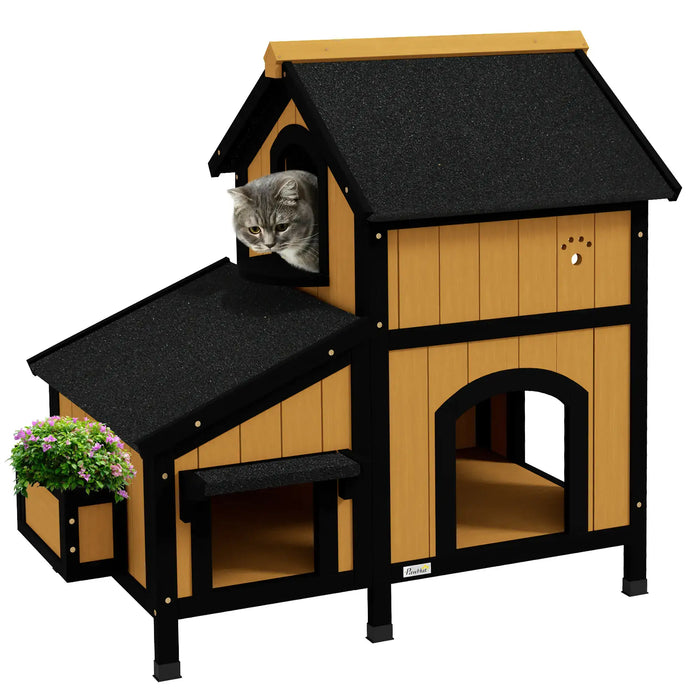 Wooden Cat House with Flower Pot and Windows in Yellow - Little and Giant Explorers PawHut