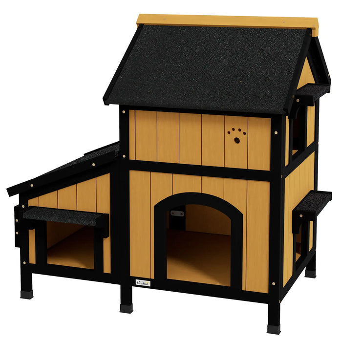 Wooden Cat House with Flower Pot and Windows in Yellow - Little and Giant Explorers PawHut