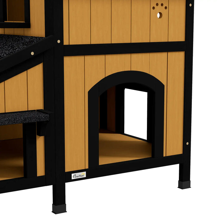 Wooden Cat House with Flower Pot and Windows in Yellow - Little and Giant Explorers PawHut