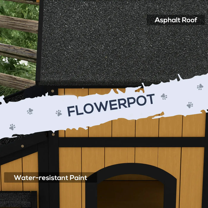 Wooden Cat House with Flower Pot and Windows in Yellow - Little and Giant Explorers PawHut