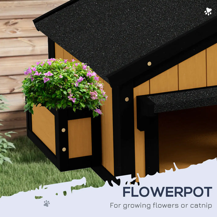 Wooden Cat House with Flower Pot and Windows in Yellow - Little and Giant Explorers PawHut