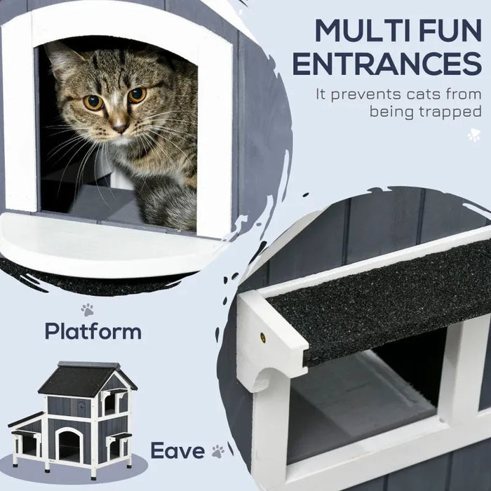 Wooden Outdoor Cat House with Flower Pot and Multiple Entrances - Little and Giant Explorers PawHut