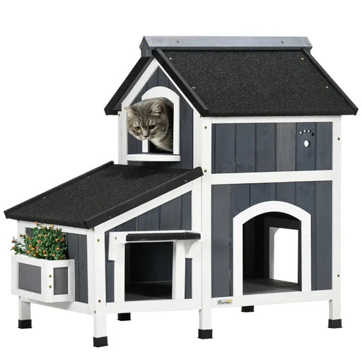 Wooden Outdoor Cat House with Flower Pot and Multiple Entrances - Little and Giant Explorers PawHut