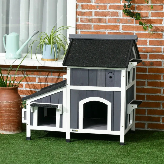 Wooden Outdoor Cat House with Flower Pot and Multiple Entrances - Little and Giant Explorers PawHut