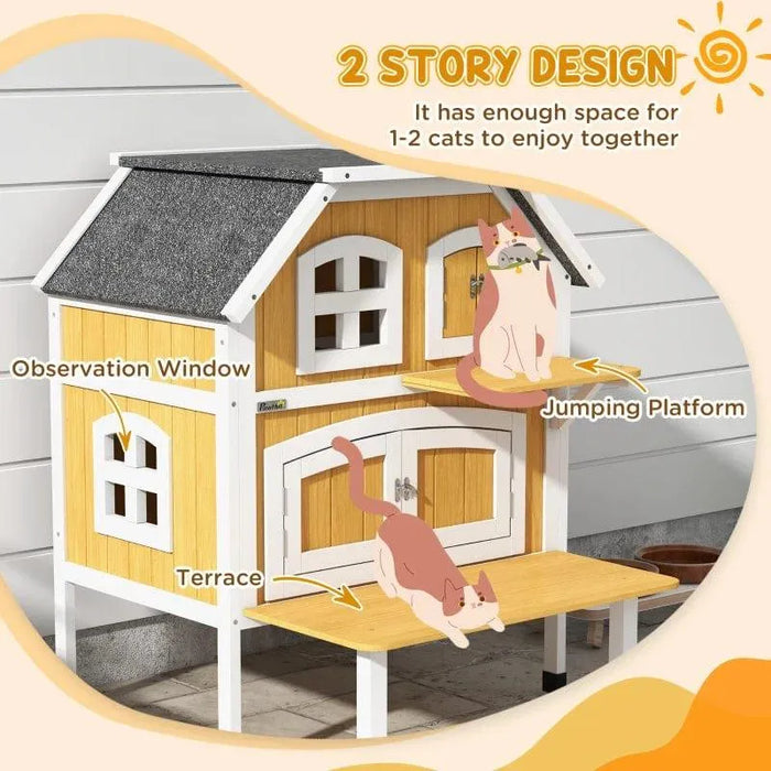 Yellow wooden two-story outdoor cat house with terrace, jumping platform, and observation window.