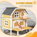 Yellow wooden two-story outdoor cat house with terrace, jumping platform, and observation window.