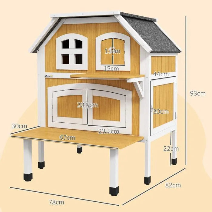 Yellow two-tier wooden outdoor cat house with terrace, windows, and platform, shown with measurements.