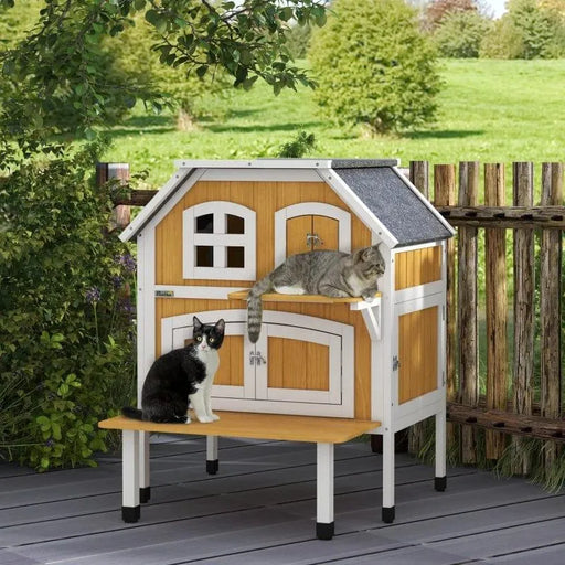 Two cats on a yellow wooden outdoor cat house with terrace and jump platform in a garden.