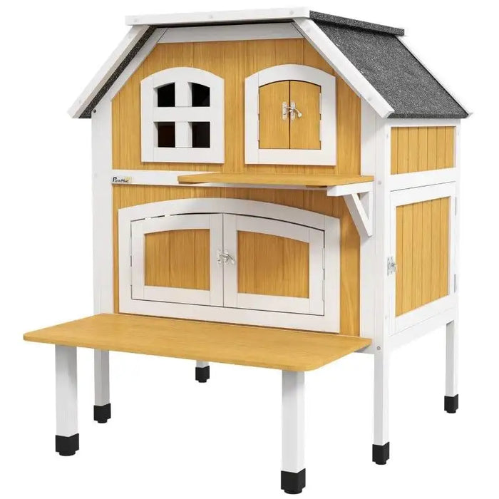 Two-tier yellow wooden outdoor cat house with terrace and jump platform