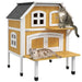 Two cats on yellow wooden outdoor cat house with terrace and white trim