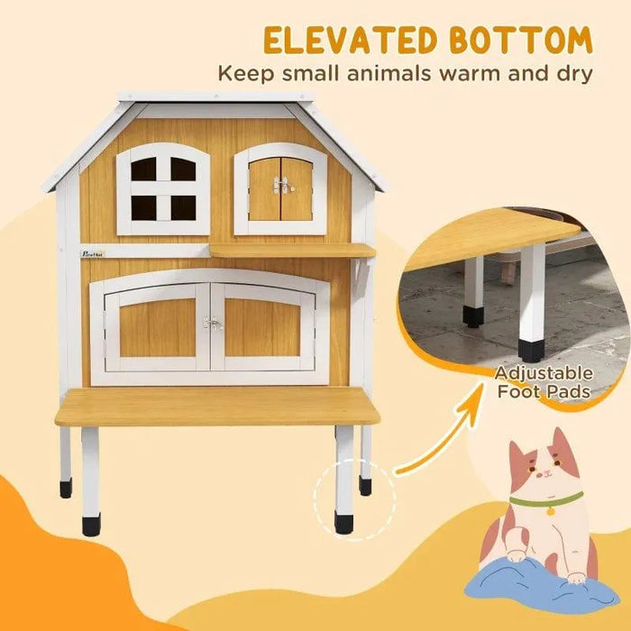 Yellow two-tier wooden outdoor cat house with terrace, adjustable foot pads, and cartoon cat.