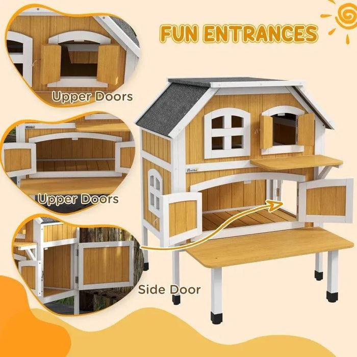 Yellow wooden outdoor cat house with two tiers, terrace, upper and side doors, PawHut design.