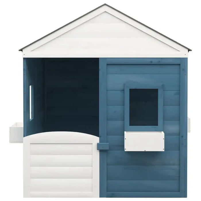 Blue and grey wooden outdoor playhouse cottage with window and white roof