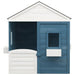 Blue and grey wooden outdoor playhouse cottage with window and white roof