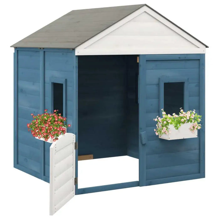 Blue and grey wooden outdoor playhouse with white roof and flower boxes