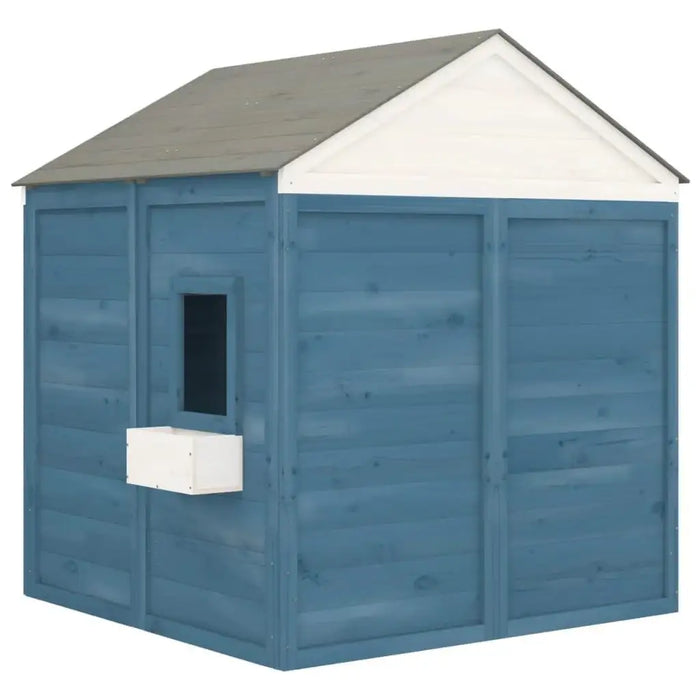 Blue and grey wooden outdoor playhouse with white window box and cottage roof
