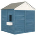 Blue and grey wooden outdoor playhouse with white window box and cottage roof