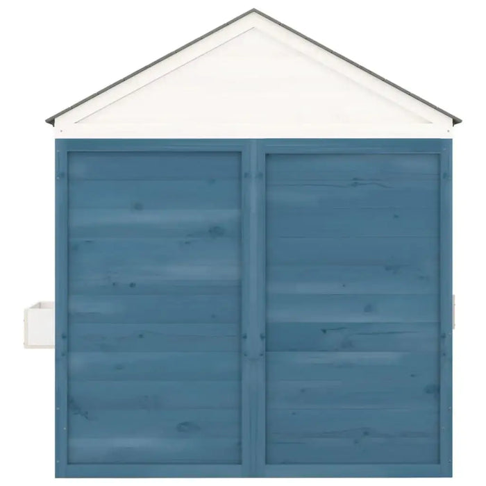 Blue wooden outdoor playhouse with white roof, cottage style, against white background