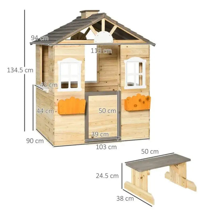 Wooden outdoor playhouse with bench, service station, and measurements shown
