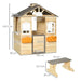 Wooden outdoor playhouse with bench, service station, and measurements shown