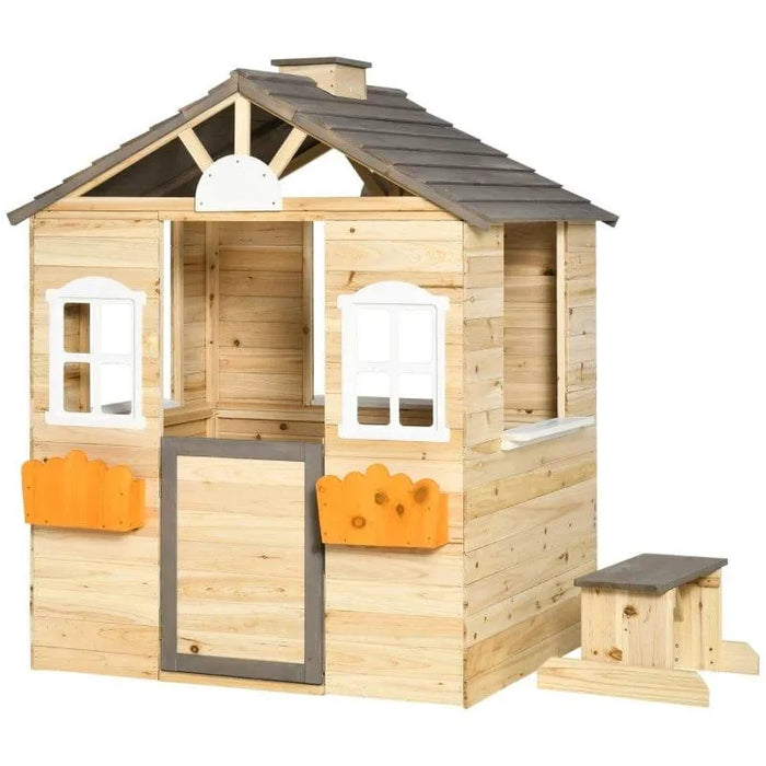Wooden outdoor playhouse with bench, service station and flower boxes, fir wood cabin