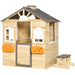 Wooden outdoor playhouse with bench, service station and flower boxes, fir wood cabin