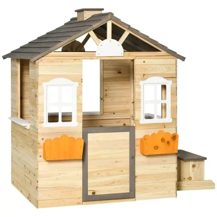 Wooden outdoor playhouse with bench, garden cabin style, fir wood construction