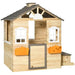 Wooden outdoor playhouse with bench, garden cabin style, fir wood construction