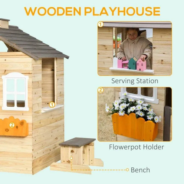 Wooden outdoor playhouse with bench, serving station, and flowerpot holder.