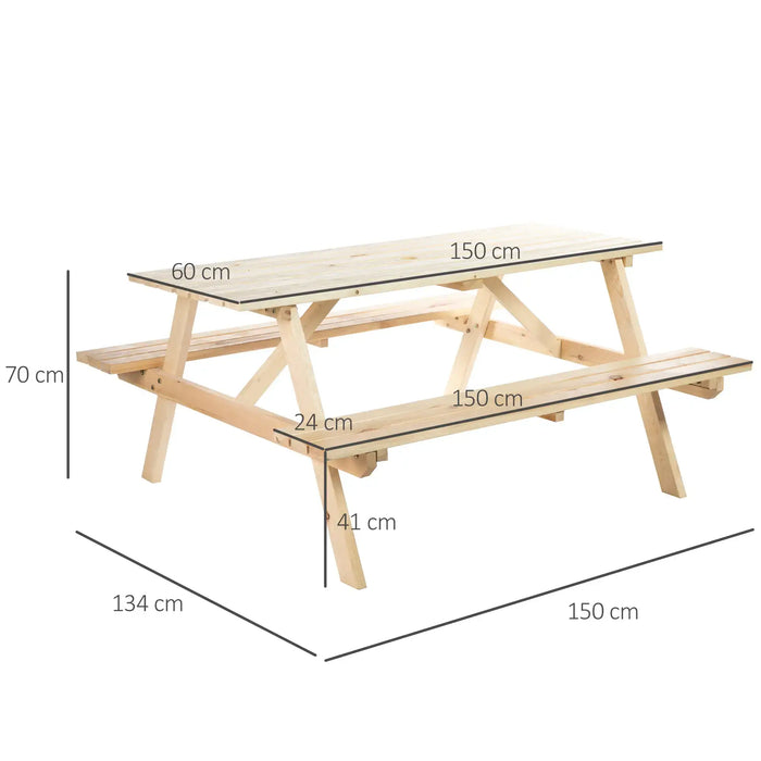 Wooden Picnic Table and Bench Set – Natural Finish | 6-Seater Garden Dining Table OUTSUNNY - Little and Giant Explorers Outsunny