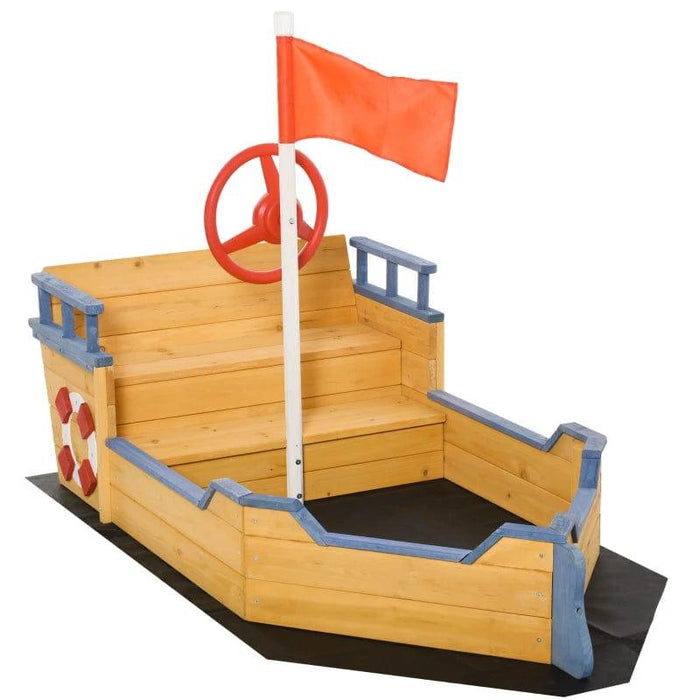 Wooden Pirate Ship Sandboat with Bench Bottom Liner - Little and Giant Explorers Outsunny