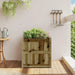 Wooden planter box with green plants on a balcony, pine deck, and garden tools on wall