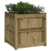 Wooden square planter with green plants and flowers, natural pine garden decoration.