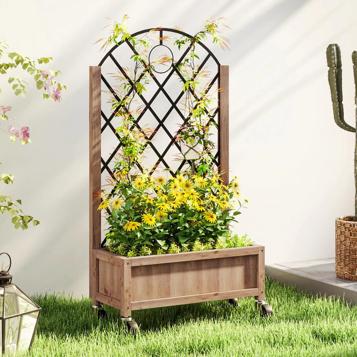 Wooden planter box with diamond trellis on wheels, filled with yellow flowers and climbing vines