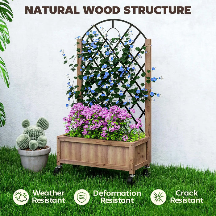 Wooden planter box with diamond trellis on wheels, blooming blue and pink flowers, weather-resistant garden decor