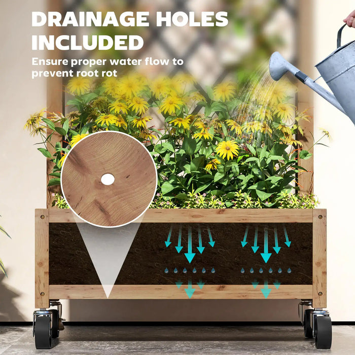 Wooden rolling planter box with diamond trellis and drainage holes, watering yellow flowers