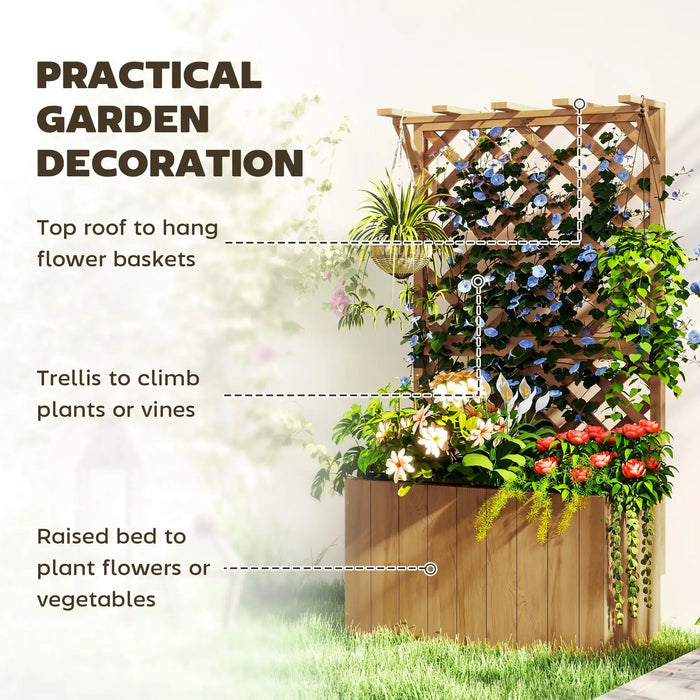 Wooden Planter with Trellis | Natural Wood Finish with Hanging Roof and Dual-Function Design - Little and Giant Explorers Outsunny