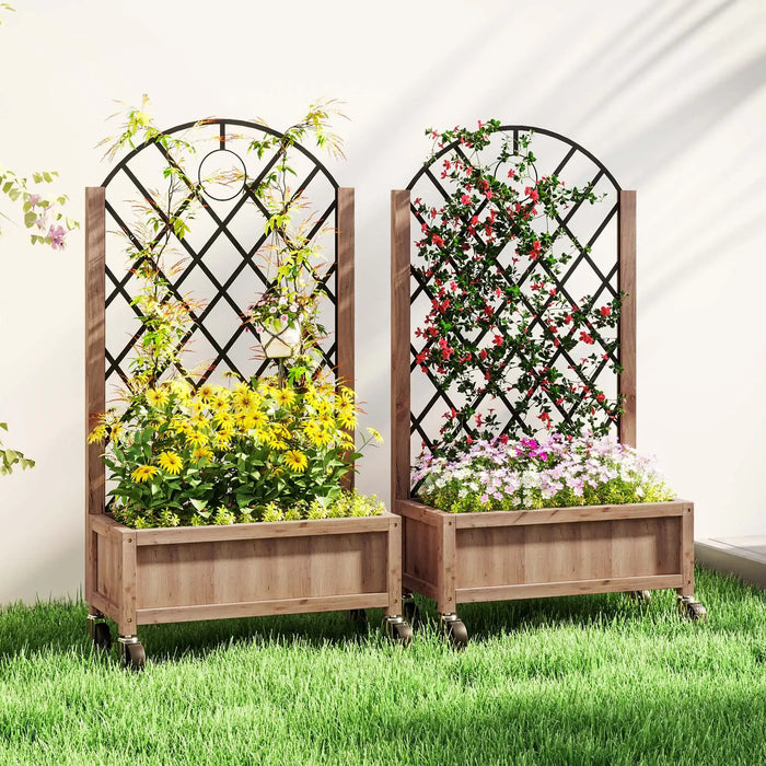 Wooden Planters with Diamond-Shaped Trellis | Four Wheels and Steel Back Grid - Little and Giant Explorers Outsunny