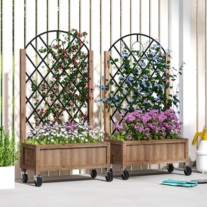 Wooden Planters with Diamond-Shaped Trellis | Four Wheels and Steel Back Grid - Little and Giant Explorers Outsunny