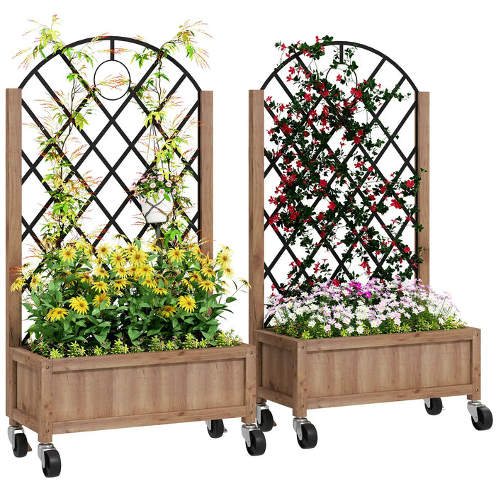 Wooden Planters with Diamond-Shaped Trellis | Four Wheels and Steel Back Grid - Little and Giant Explorers Outsunny