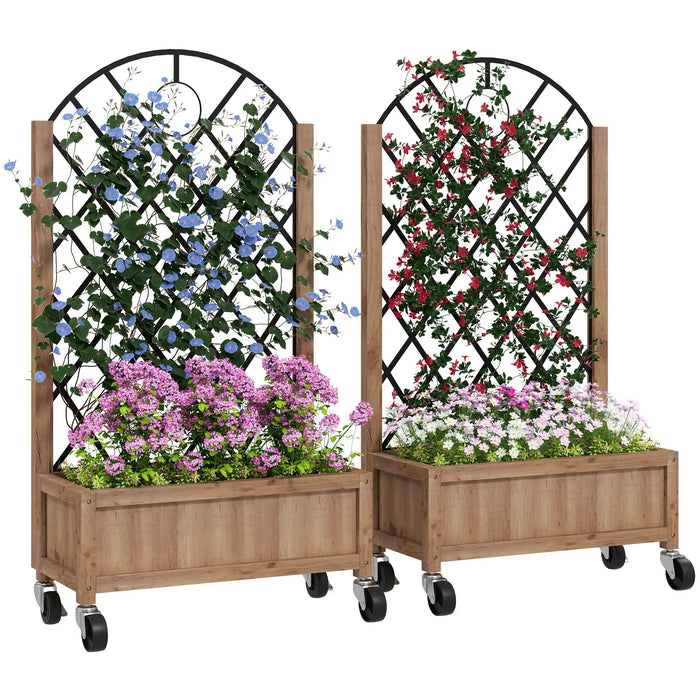 Wooden Planters with Diamond-Shaped Trellis | Four Wheels and Steel Back Grid - Little and Giant Explorers Outsunny