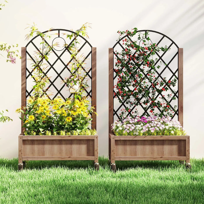 Wooden Planters with Diamond-Shaped Trellis | Four Wheels and Steel Back Grid - Little and Giant Explorers Outsunny